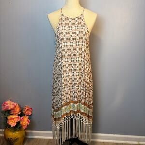 Boho Beach Dress Coverup Halter Patterned Print Crochet Bottom Rayon Sm./Medium